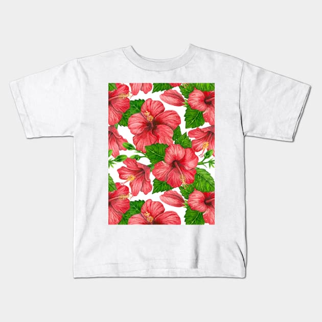 Red hibiscus watercolor pattern Kids T-Shirt by katerinamk